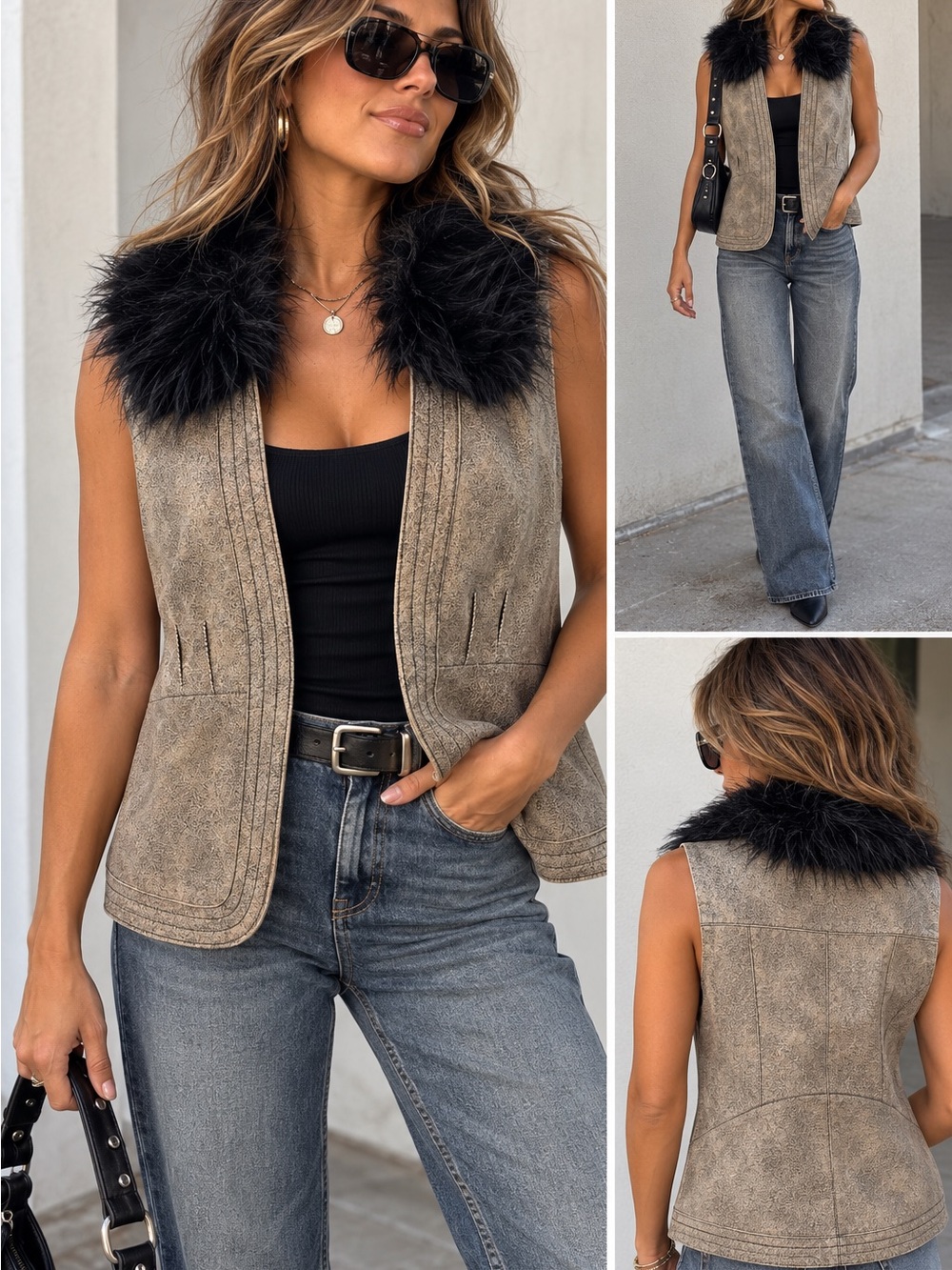 Q.U.E Genuine Leather Vest with Black Faux Fur Trim Collar Size Large